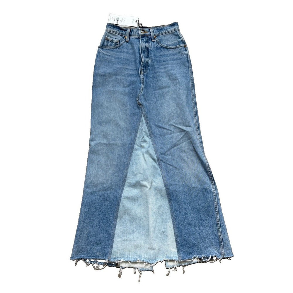 KHAITE Denim Maxi Skirt Womens 24 Two Tone Panel Raw Hem NWT Designer Blue